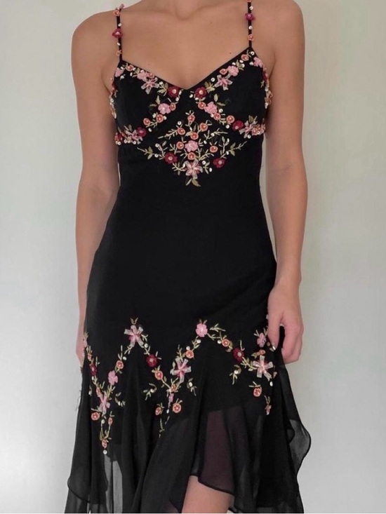 Sue Wong Dresses & Skirts - Vintage 90s Sue Wong black silk floral beaded asymmetrical hem dress